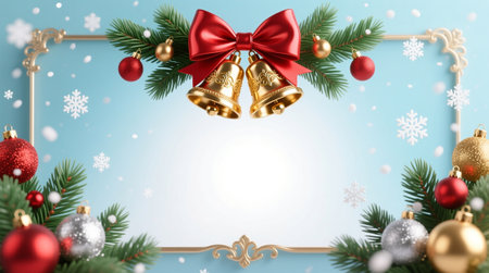 Luxury Christmas Frame with Red Bow, Golden Bells and Ornaments on Light Blue Backgroundの写真素材