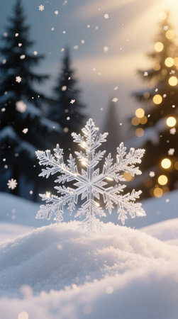 Magical Snowflake on Snowy Background with Bokeh Lightsの写真素材