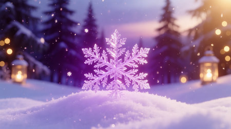 Magical Lavender Snowflake on Snowy Background with Glowing Bokeh Lights