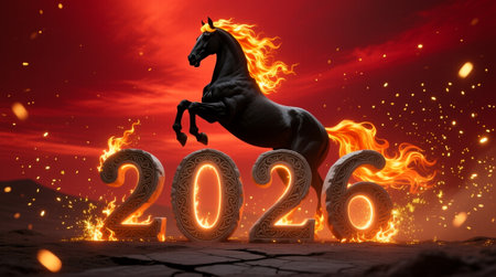 Majestic Fiery Horse with Stone Numbers 2026 on Crimson Background