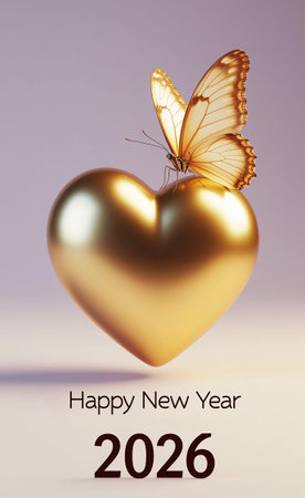 Romantic Golden Heart with Butterfly and Happy New Year 2026 Text