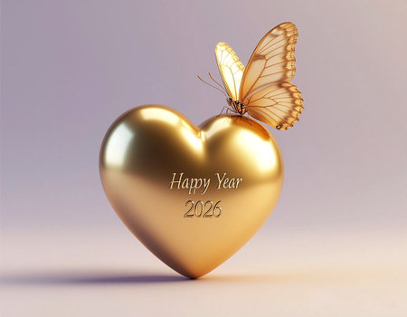 Romantic Golden Heart with Butterfly and Happy New Year 2026 Text