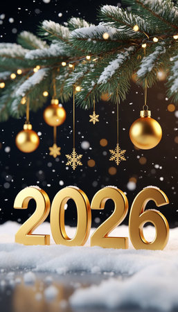 Luxury Golden 2026 Numbers on Snowy Background with Christmas Garland