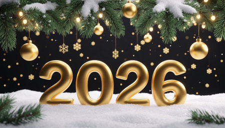 Luxury Golden 2026 Numbers on Snowy Background with Christmas Garland