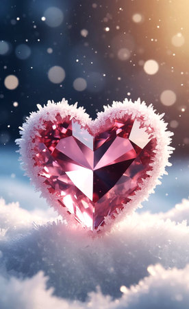 Romantic Pink Heart Gemstone on Snowy Background with Bokeh Lightsの写真素材