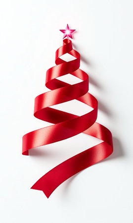 Minimalist Red Ribbon Christmas Tree with Glowing Star on White Backgroundの写真素材