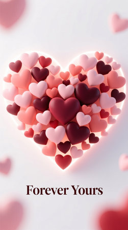 Vibrant Heart Shape Made of Glossy Gradient Hearts on Clean White Backgroundの写真素材