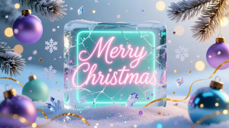 Modern Christmas Background with Cracked Ice Effect and Festive Decorの写真素材