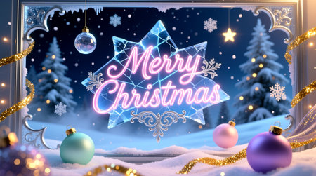 Elegant Winter Holiday Design with Frosty Calligraphy and Glass Ornamentsの写真素材