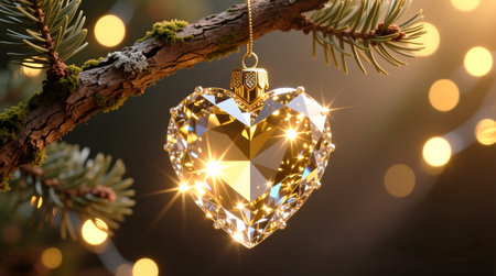 Luxury Diamond Heart Ornament Hanging on Pine Branch with Golden Bokeh Background