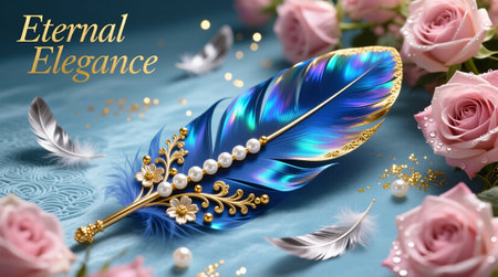 Elegant Blue Feather with Gold Trim and Pearls on Soft Blue Backgroundの写真素材