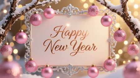Elegant Happy New Year Frame with Glittering Pink Ornaments and Snowy Branches on Soft Background
