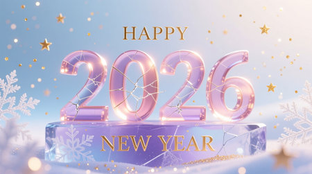 Elegant Happy New Year 2026 Design with Icy Rose Gold Numbers and Soft Glow on Blue Background