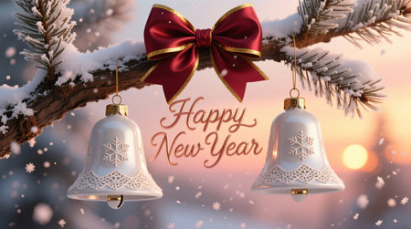 Elegant Happy New Year Design with Lace Bells and Snowy Branch on Winter Background