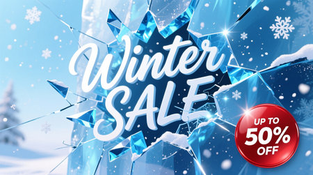 Dynamic Winter Sale Banner with Ice Break Effect and 50 Off Offer on Snowy Background