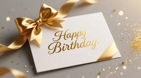 Elegant Happy Birthday Gift Card with Gold Accents and Glitter on Neutral Backgroundの写真素材