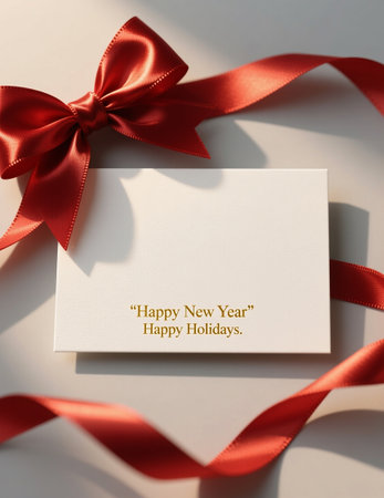 Elegant Gift Card Template with Red Satin Bow on Neutral Backgroundの写真素材