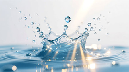 Dynamic Water Splash with Bubbles and Sunlight Rays on Light Backgroundの写真素材