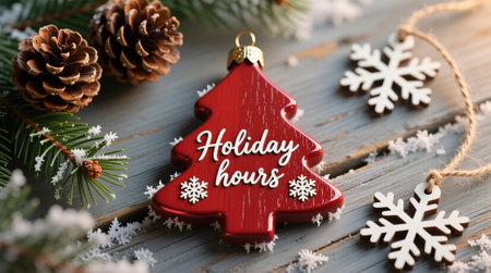 Elegant Holiday Sign with Red Wooden Tree, Ice Accents and Soft Glow on Weathered Wood