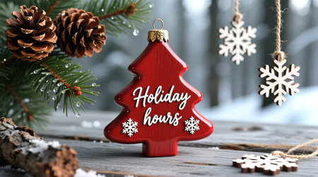 Elegant Holiday Sign with Red Wooden Tree and Rustic Decor on Weathered Wood