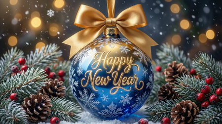 Mystical Happy New Year Design with Crystal Gold-to-Blue Gradient Ornament