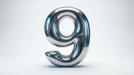 Elegant Chrome Number 9 on White Background for Design and Brandingの写真素材
