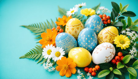 Colorful Easter Eggs with Spring Flowers Vertical Composition