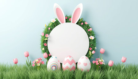 Easter Frame with Bunny Ears, Grass, Flowers and Decorated Eggs - Copy Space Template