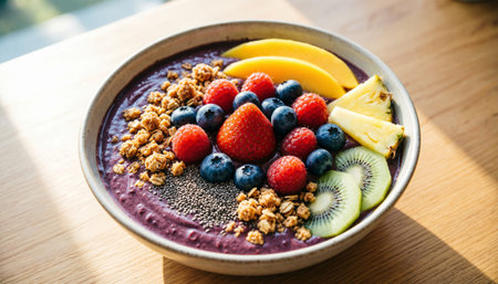 Colorful Smoothie Bowl with Mango, Kiwi, Berries, Chia Seeds and Granola - Top View