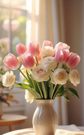 Beautiful Spring Bouquet with Pink Tulips and White Roses - Natural Light Photographyの写真素材