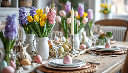Beautiful Easter Table Setting with Spring Flowers, Tulips, Hyacinths and Decorated Eggs