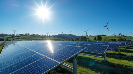 Solar Panels and Wind Turbines - Renewable Energy Farm Landscape
