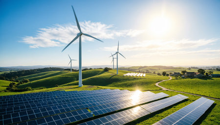 Solar Panels and Wind Turbines - Renewable Energy Farm Landscape