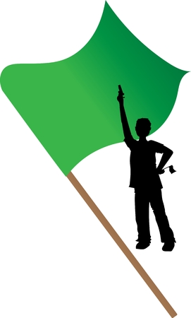 Young man (in black) lanant the departure of \\ \ &#39;a race. Green flag in the background.のイラスト素材