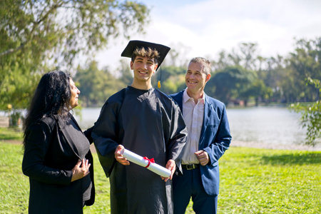 Young recently graduated boy, dressed in cap and gown, with his degree in hands, celebrating with his multi ethnic  family on the university campus. Very happy expression, achievementの写真素材