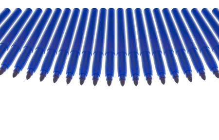Twenty-four blue markers in alignment. Isolated on white. White space at the bottom. Focus at the front.の写真素材