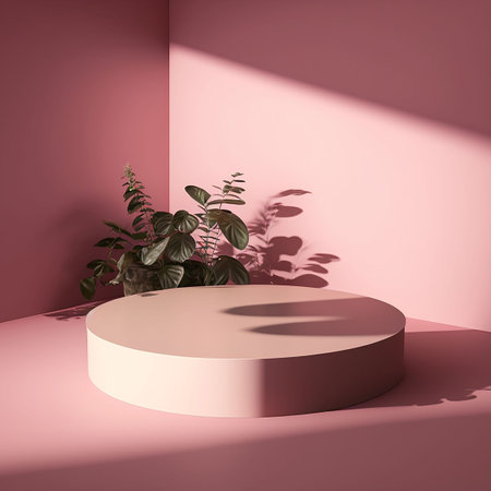 Minimalist scene with round podium and plant. 3d rendering. Generative AIの素材