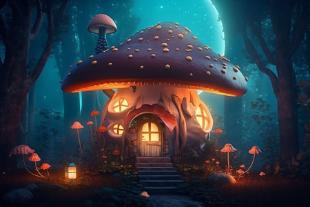 Fantasy mushroom house in the forest at night. 3d rendering. Generative AIの素材