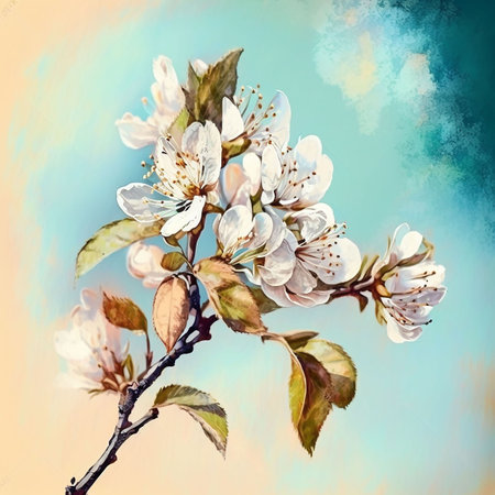 Blossoming branch of apple on blue sky background. vintage style. Generative AI.の素材