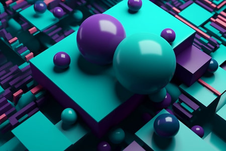 Poster with the image of green and purple balloons in the memphis style. geometric background. Generative AIの素材