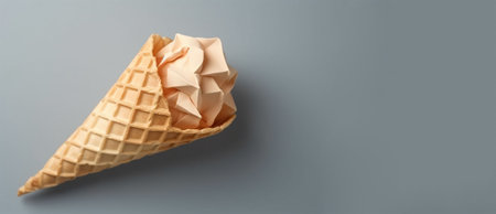 Origami style. A scoop of creme brulee ice cream in a waffle cone. Illustration. Banner. Generative AIの素材