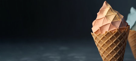 Banner in origami style. A scoop of creme brulee ice cream in a waffle cone. Illustration. Generative AIの素材