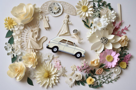 Wedding. Paper collage with bride, angel, cupid, flowers, bride's bouquet and newlyweds' car. Generative AIの素材