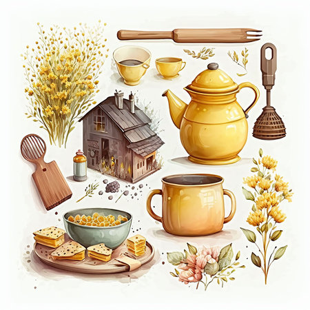 Kitchen farm utensils in cute cartoon style, set. Ceramic, traditional Generative AIの素材