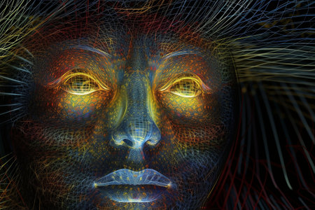Abstract digital human face. Artificial intelligence concept of big data or cyber security. 3D illustration. Generative AIの素材