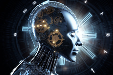 A translucent beautiful cyborg head in profile / 3D rendering of a futuristic human against a flash background. Generative AIの素材