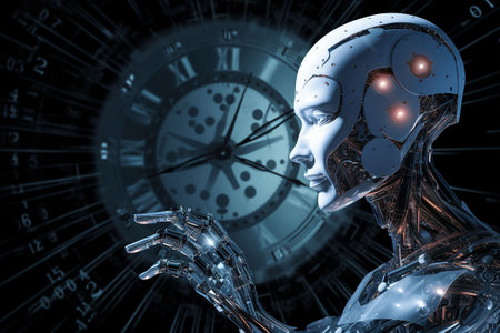 Cyborg with crystal hands on the background of a futuristic clock. AI Concentration. Generative AIの素材
