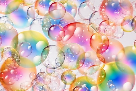 Colorful soap bubbles on a white background. Abstract background for design. Generative AIの素材