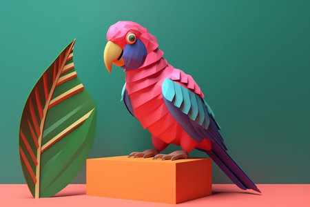 Parrot with tropical leaves on a podium. 3D illustration. Generative AIの素材