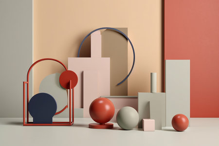 3d render, abstract minimal geometric forms, pastel colors, podium for product presentation. Generative AIの素材